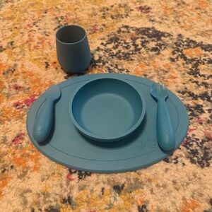 EZPZ EZ PZ Silicone Babies First Food Set Mat Bowl, Spoon, Fork, Cup Blue Indigo